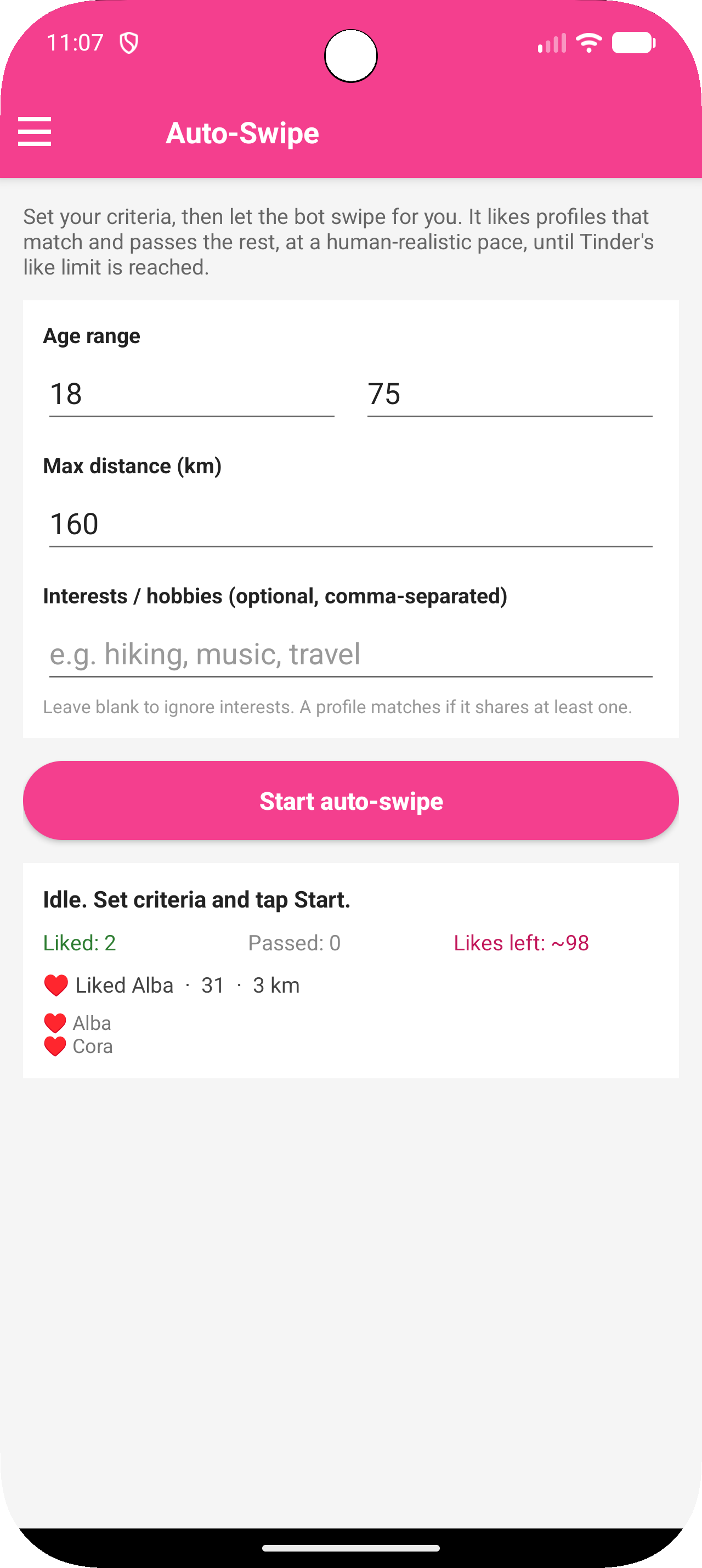 Spoofy's Auto-Swipe bot — set age, distance and interest criteria and it swipes for you at a human-realistic pace