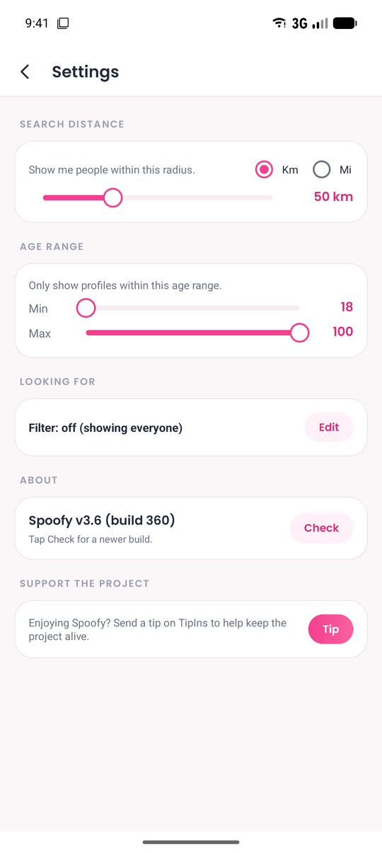 شاشة إعدادات Spoofy مع خيارات الخصوصية